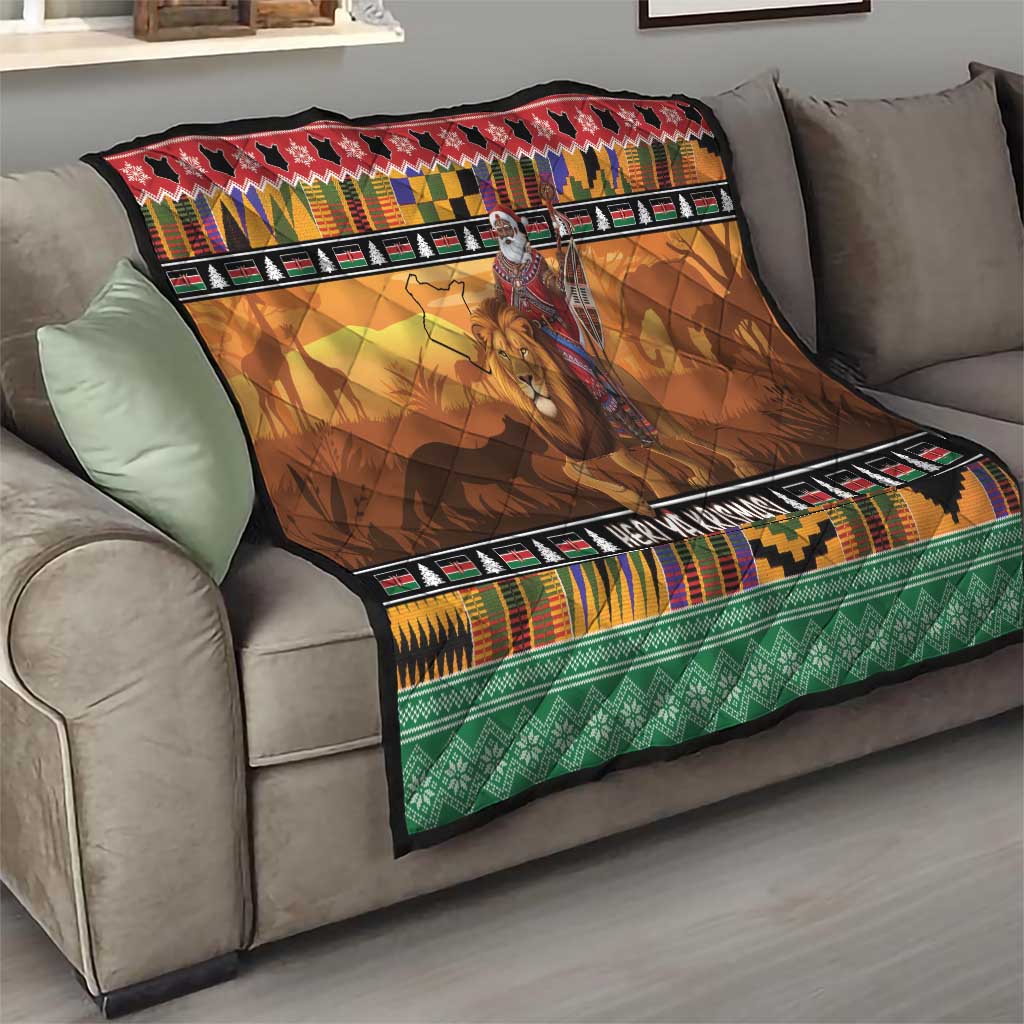 Kenya Safari Christmas Quilt Black Santa Riding Lion - Heri ya Krismasi - Wonder Print Shop