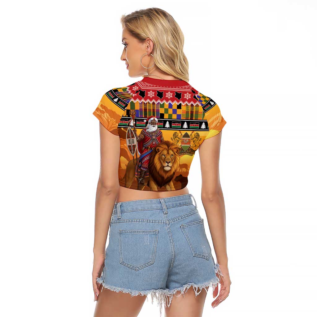 Kenya Safari Christmas Raglan Cropped T Shirt Black Santa Riding Lion - Heri ya Krismasi - Wonder Print Shop