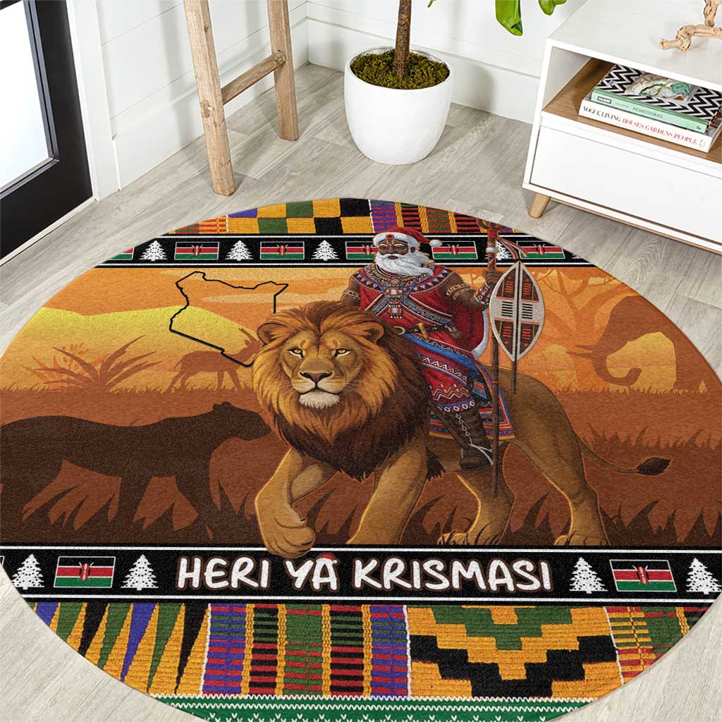 Kenya Safari Christmas Round Carpet Black Santa Riding Lion - Heri ya Krismasi - Wonder Print Shop