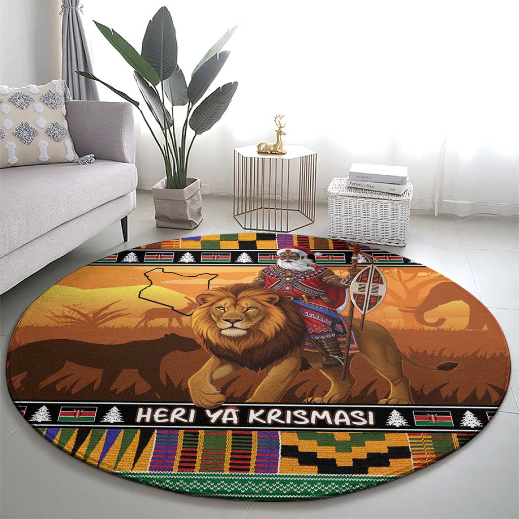 Kenya Safari Christmas Round Carpet Black Santa Riding Lion - Heri ya Krismasi - Wonder Print Shop