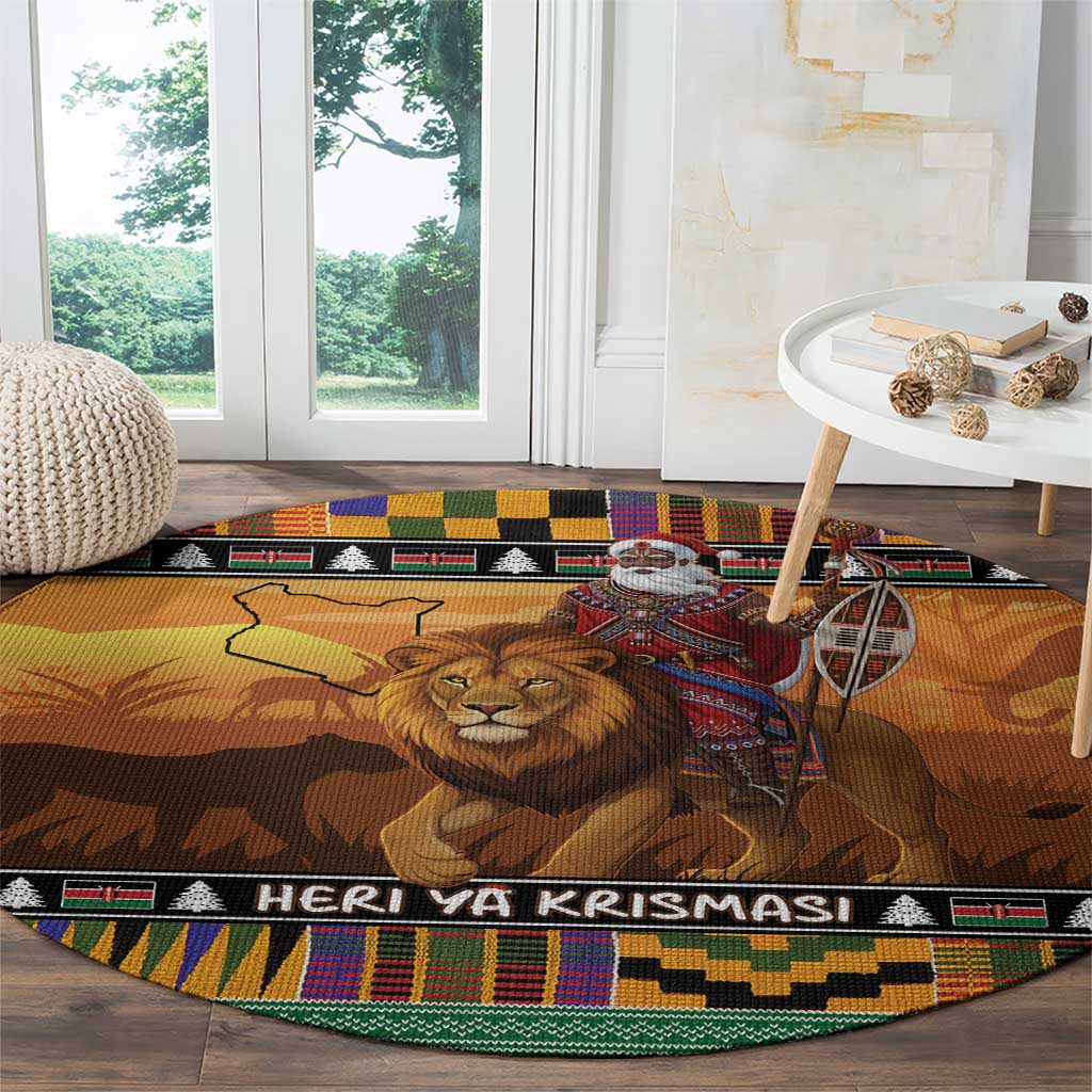 Kenya Safari Christmas Round Carpet Black Santa Riding Lion - Heri ya Krismasi - Wonder Print Shop
