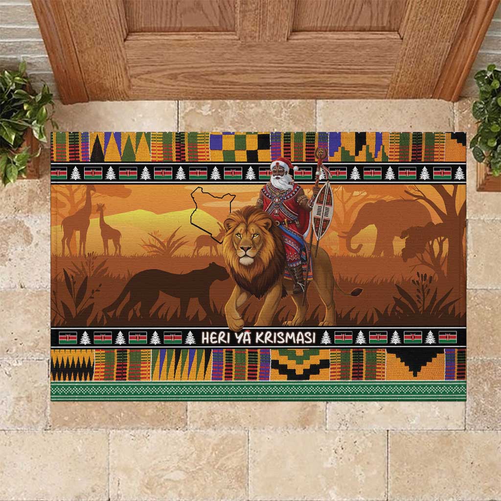 Kenya Safari Christmas Rubber Doormat Black Santa Riding Lion - Heri ya Krismasi - Wonder Print Shop