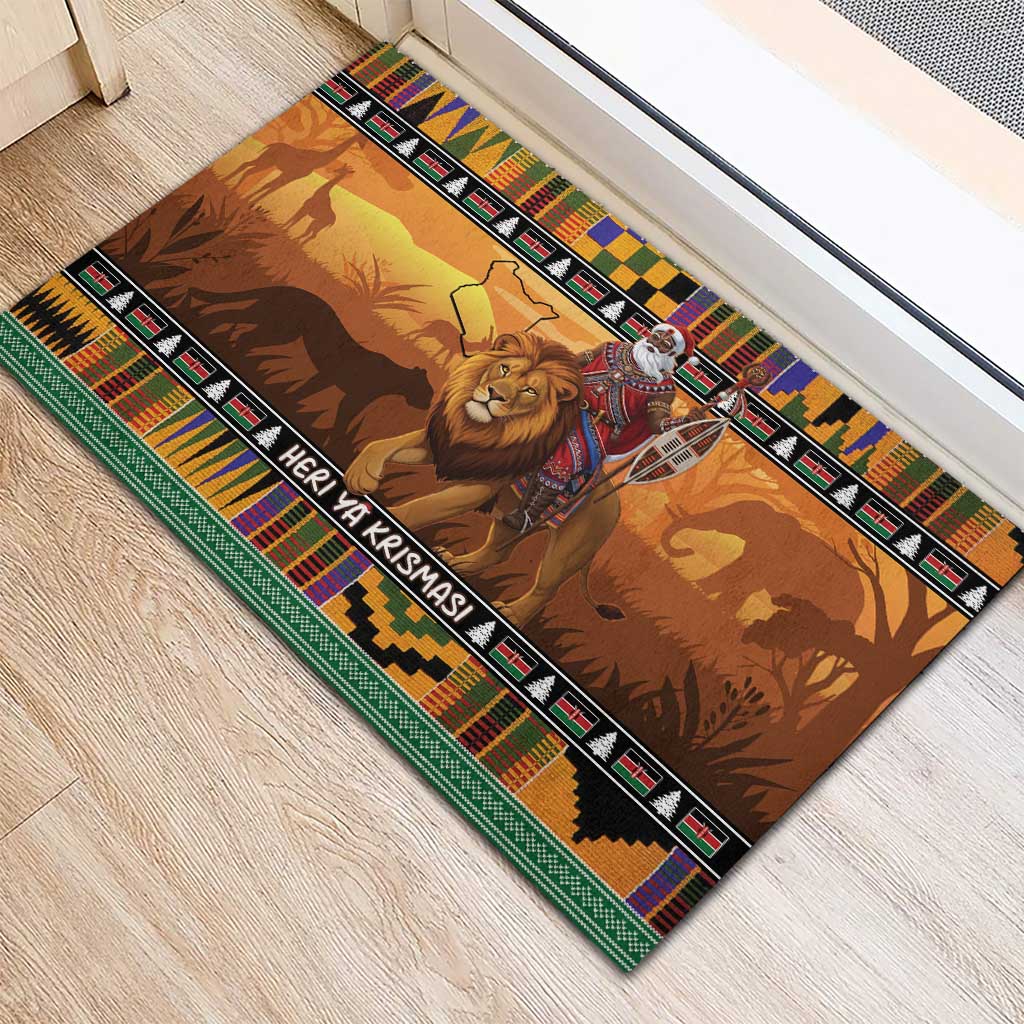 Kenya Safari Christmas Rubber Doormat Black Santa Riding Lion - Heri ya Krismasi - Wonder Print Shop