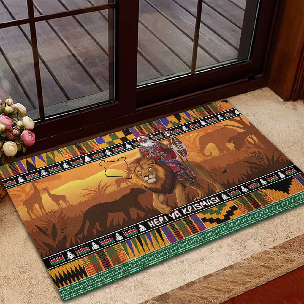 Kenya Safari Christmas Rubber Doormat Black Santa Riding Lion - Heri ya Krismasi - Wonder Print Shop