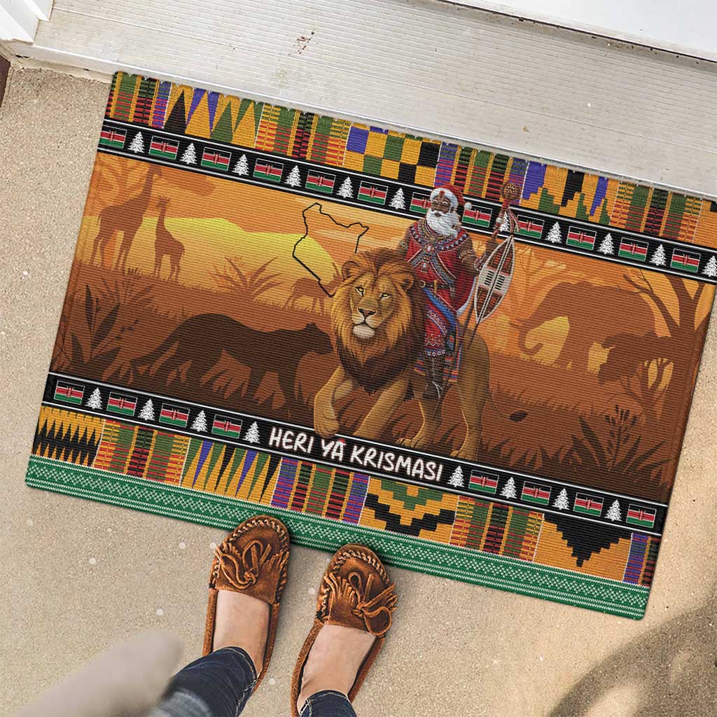 Kenya Safari Christmas Rubber Doormat Black Santa Riding Lion - Heri ya Krismasi - Wonder Print Shop