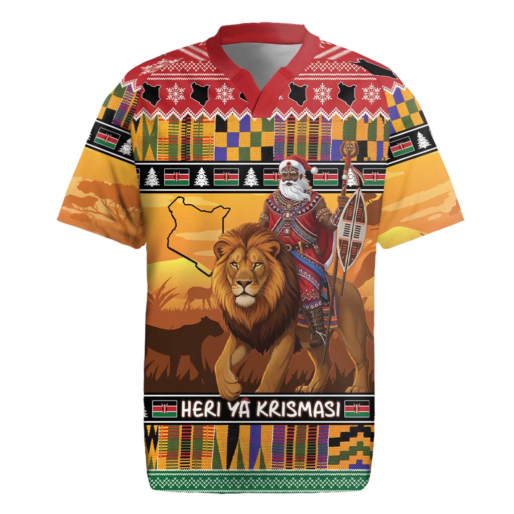 Kenya Safari Christmas Rugby Jersey Black Santa Riding Lion - Heri ya Krismasi - Wonder Print Shop