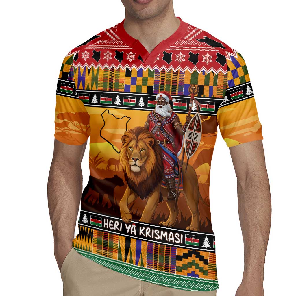 Kenya Safari Christmas Rugby Jersey Black Santa Riding Lion - Heri ya Krismasi - Wonder Print Shop
