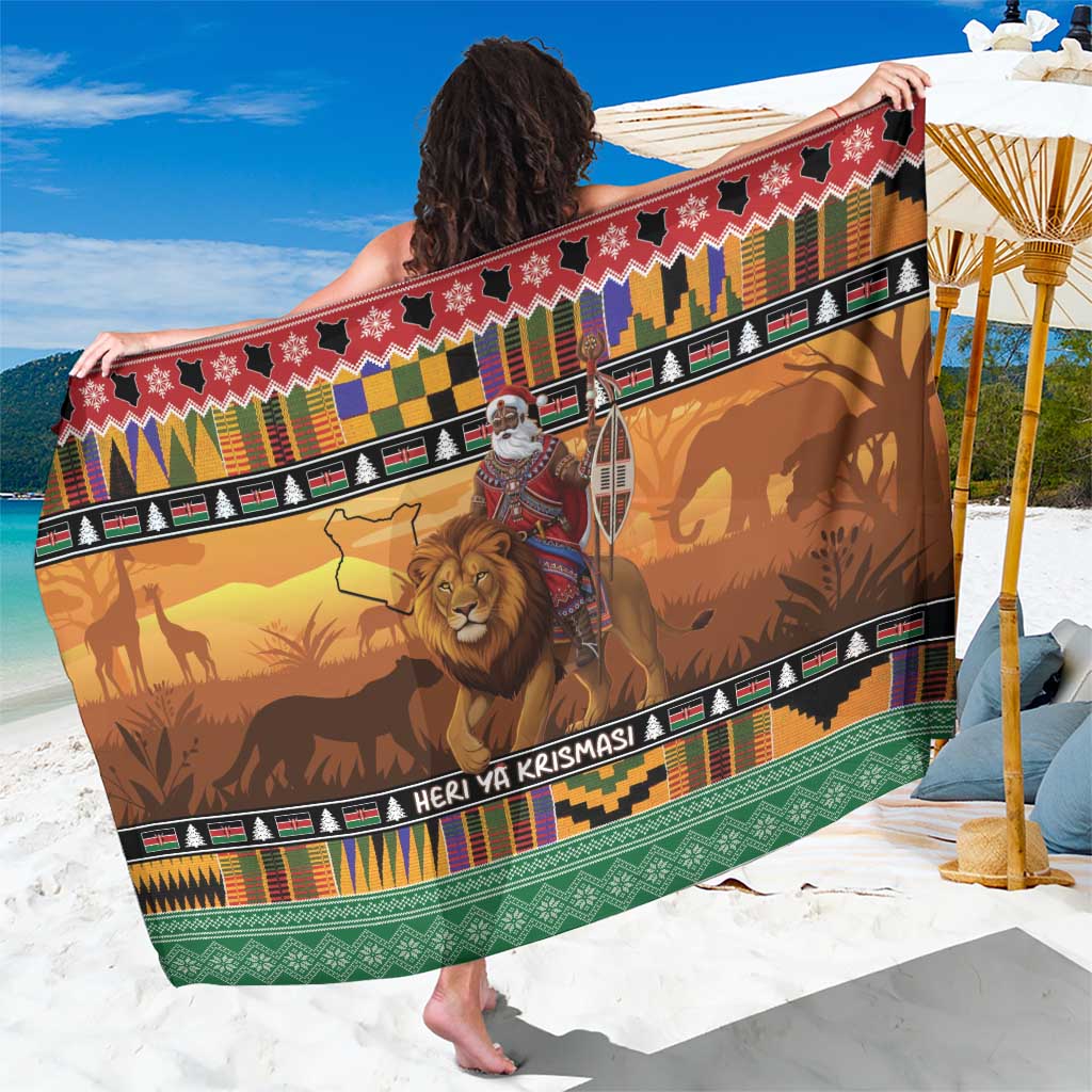 Kenya Safari Christmas Sarong Black Santa Riding Lion - Heri ya Krismasi - Wonder Print Shop