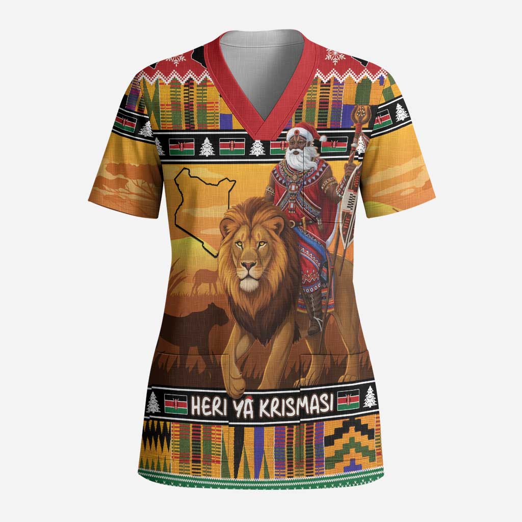 Kenya Safari Christmas Scrub Top Black Santa Riding Lion - Heri ya Krismasi - Wonder Print Shop