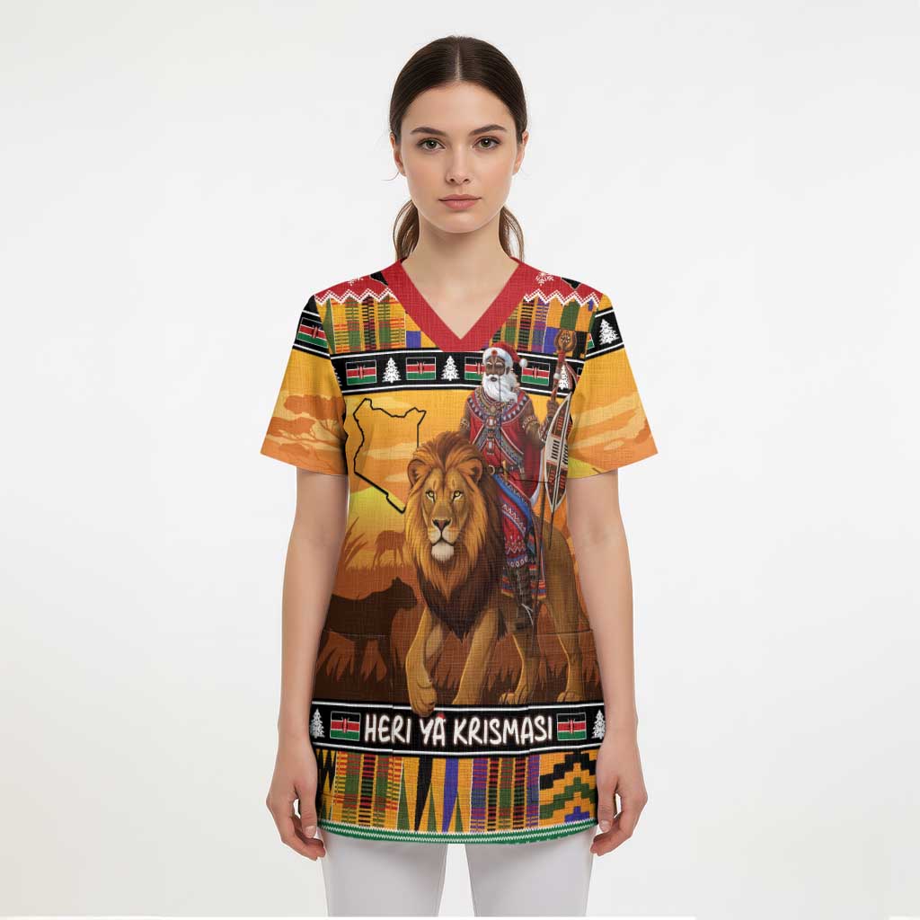 Kenya Safari Christmas Scrub Top Black Santa Riding Lion - Heri ya Krismasi - Wonder Print Shop