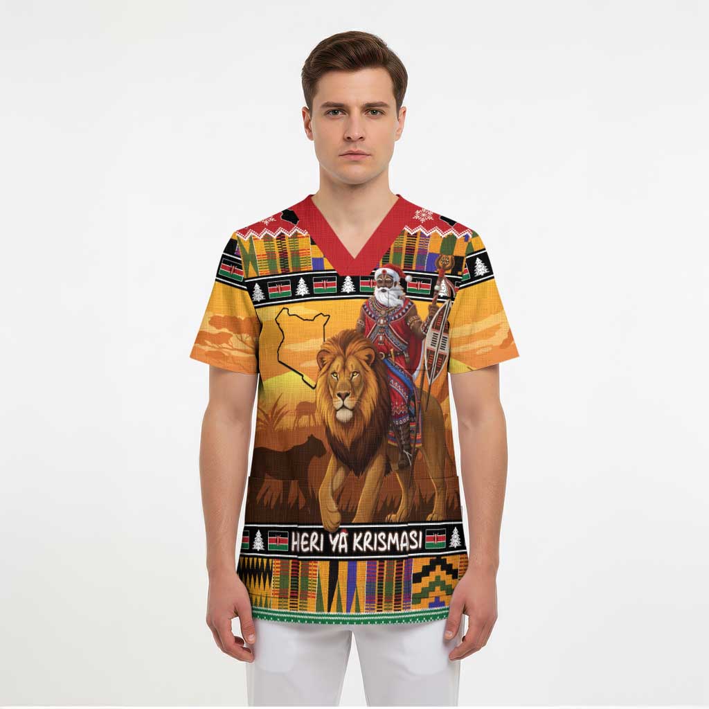 Kenya Safari Christmas Scrub Top Black Santa Riding Lion - Heri ya Krismasi - Wonder Print Shop