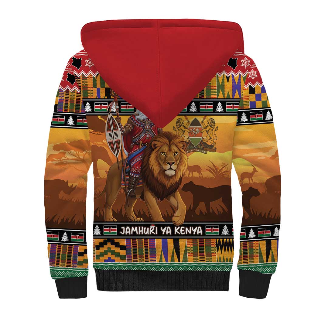 Kenya Safari Christmas Sherpa Hoodie Black Santa Riding Lion - Heri ya Krismasi - Wonder Print Shop