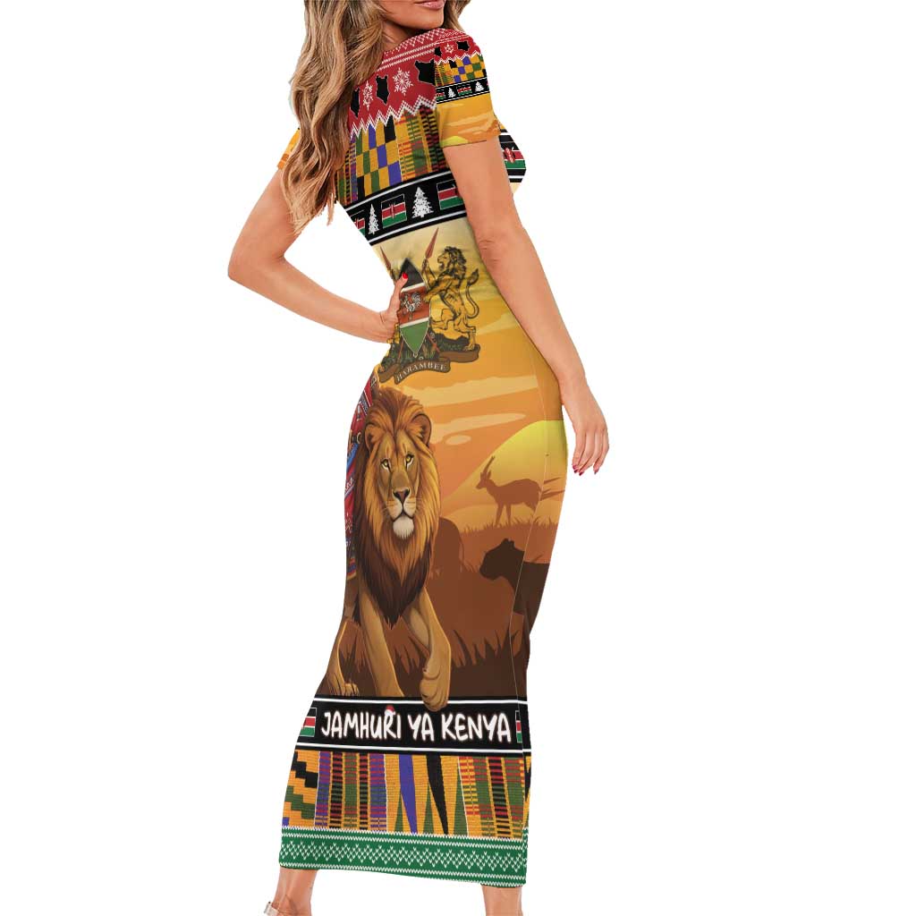 Kenya Safari Christmas Short Sleeve Bodycon Dress Black Santa Riding Lion - Heri ya Krismasi - Wonder Print Shop