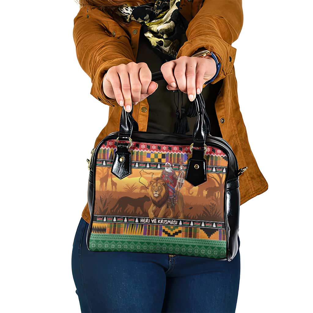 Kenya Safari Christmas Shoulder Handbag Black Santa Riding Lion - Heri ya Krismasi - Wonder Print Shop