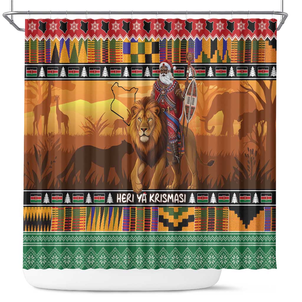 Kenya Safari Christmas Shower Curtain Black Santa Riding Lion - Heri ya Krismasi - Wonder Print Shop