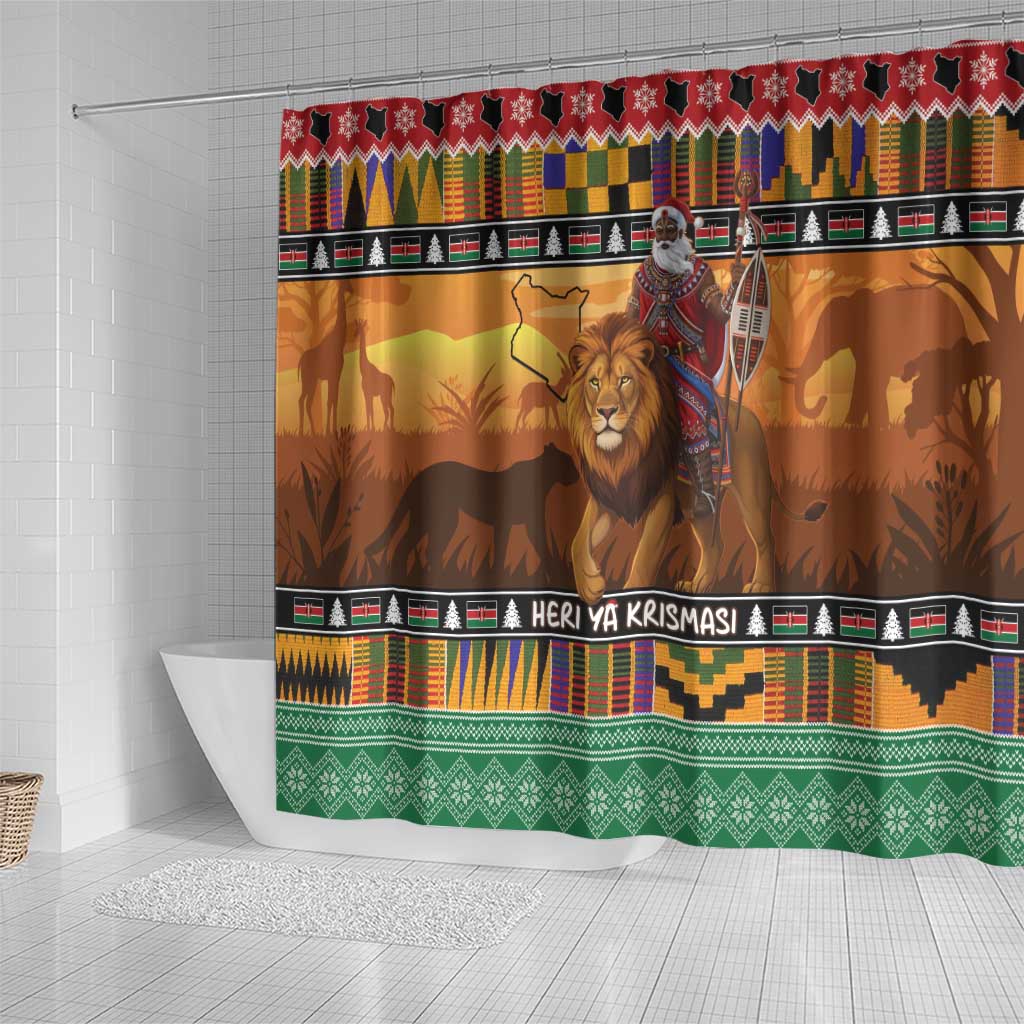 Kenya Safari Christmas Shower Curtain Black Santa Riding Lion - Heri ya Krismasi - Wonder Print Shop