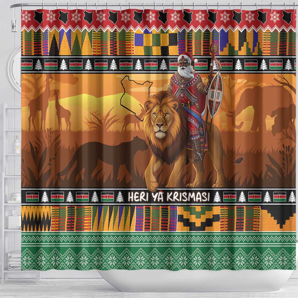 Kenya Safari Christmas Shower Curtain Black Santa Riding Lion - Heri ya Krismasi - Wonder Print Shop