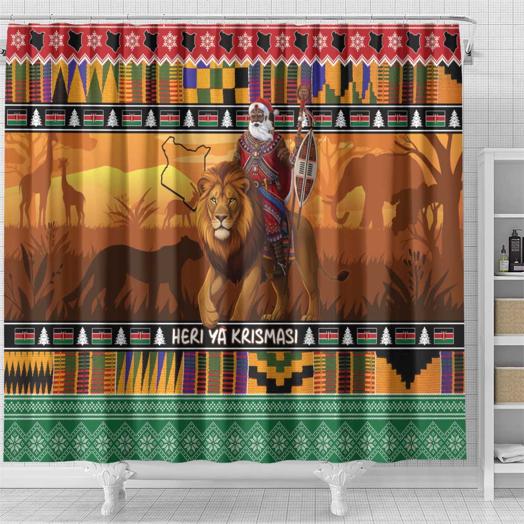 Kenya Safari Christmas Shower Curtain Black Santa Riding Lion - Heri ya Krismasi - Wonder Print Shop
