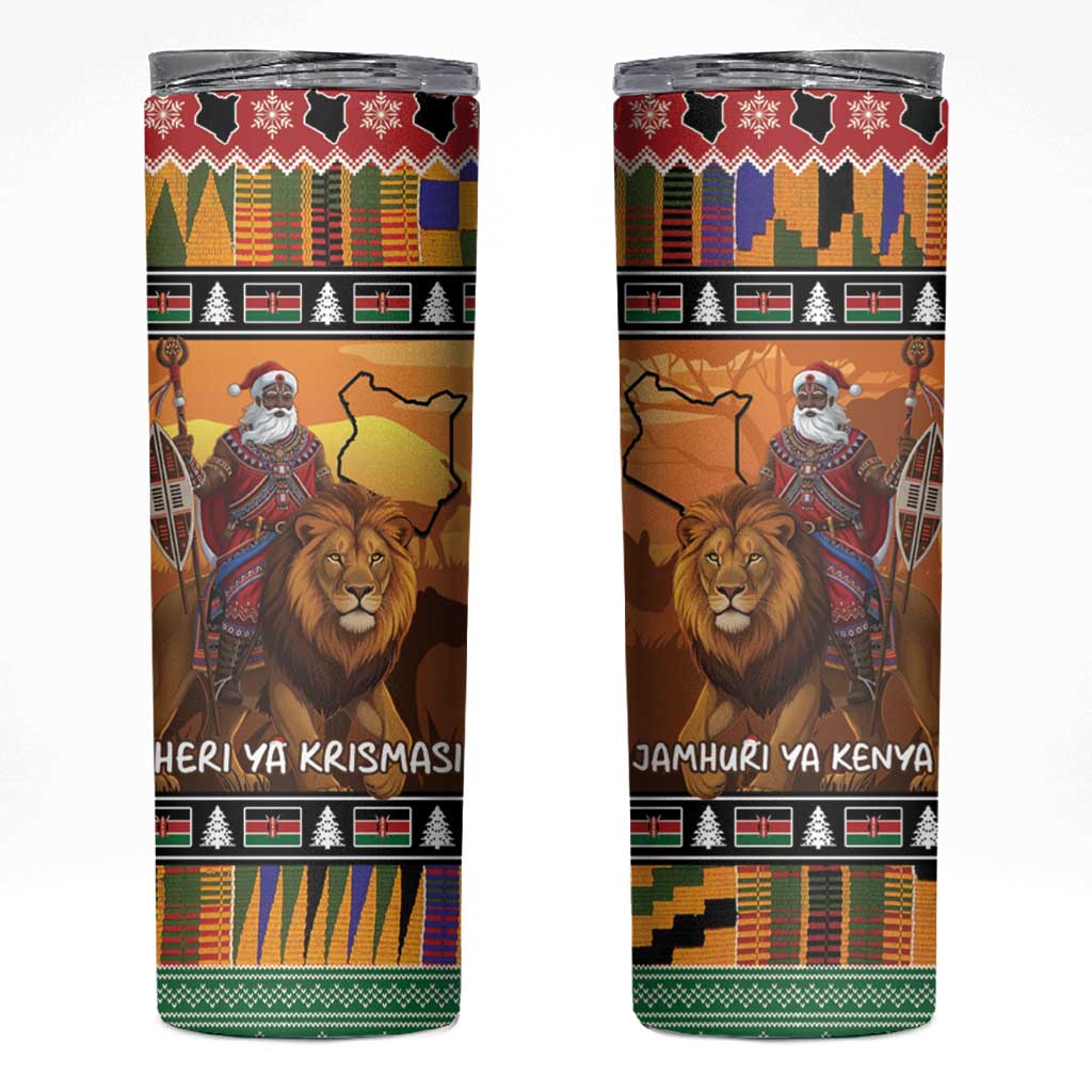 Kenya Safari Christmas Skinny Tumbler Black Santa Riding Lion - Heri ya Krismasi - Wonder Print Shop