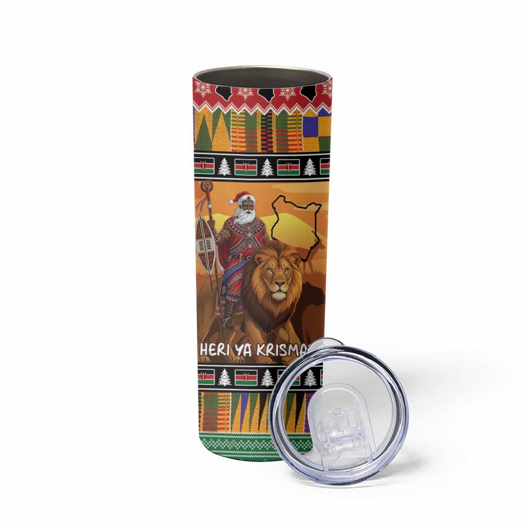 Kenya Safari Christmas Skinny Tumbler Black Santa Riding Lion - Heri ya Krismasi - Wonder Print Shop