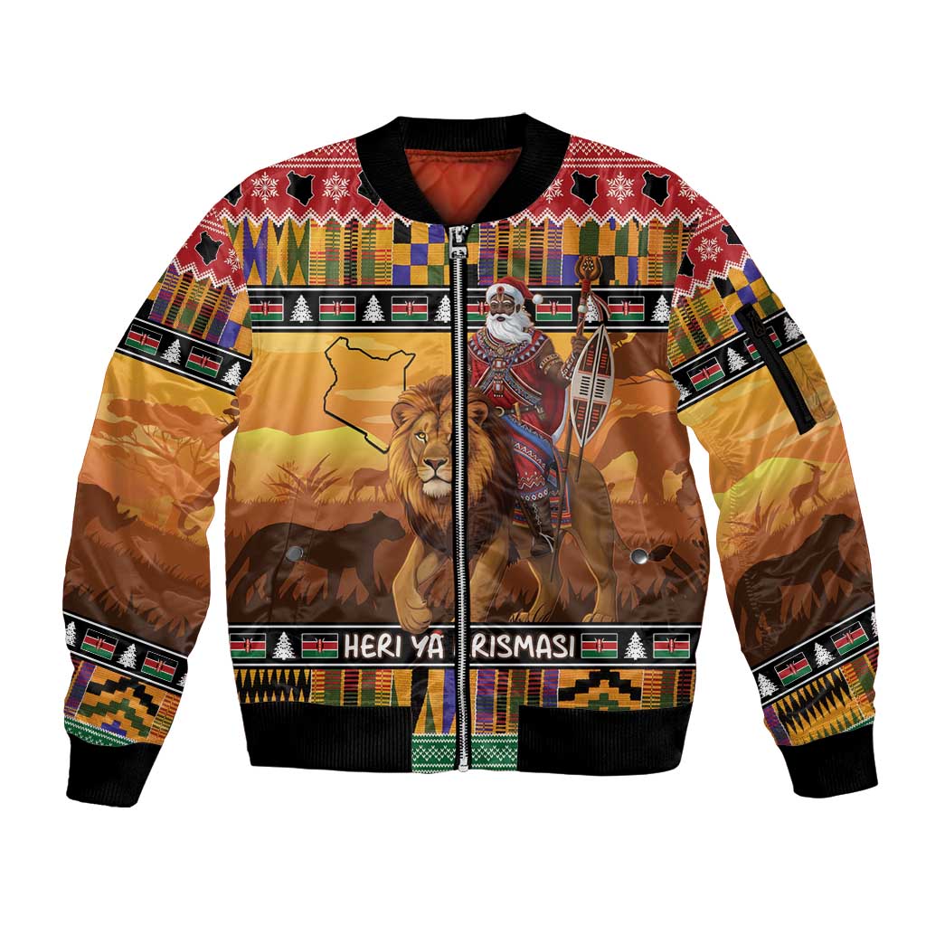 Kenya Safari Christmas Sleeve Zip Bomber Jacket Black Santa Riding Lion - Heri ya Krismasi - Wonder Print Shop