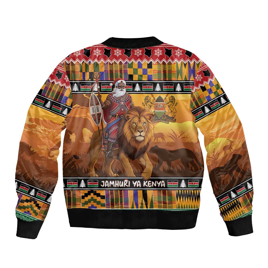 Kenya Safari Christmas Sleeve Zip Bomber Jacket Black Santa Riding Lion - Heri ya Krismasi - Wonder Print Shop