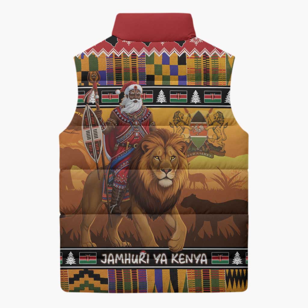 Kenya Safari Christmas Sleeveless Puffer Jacket Black Santa Riding Lion - Heri ya Krismasi - Wonder Print Shop