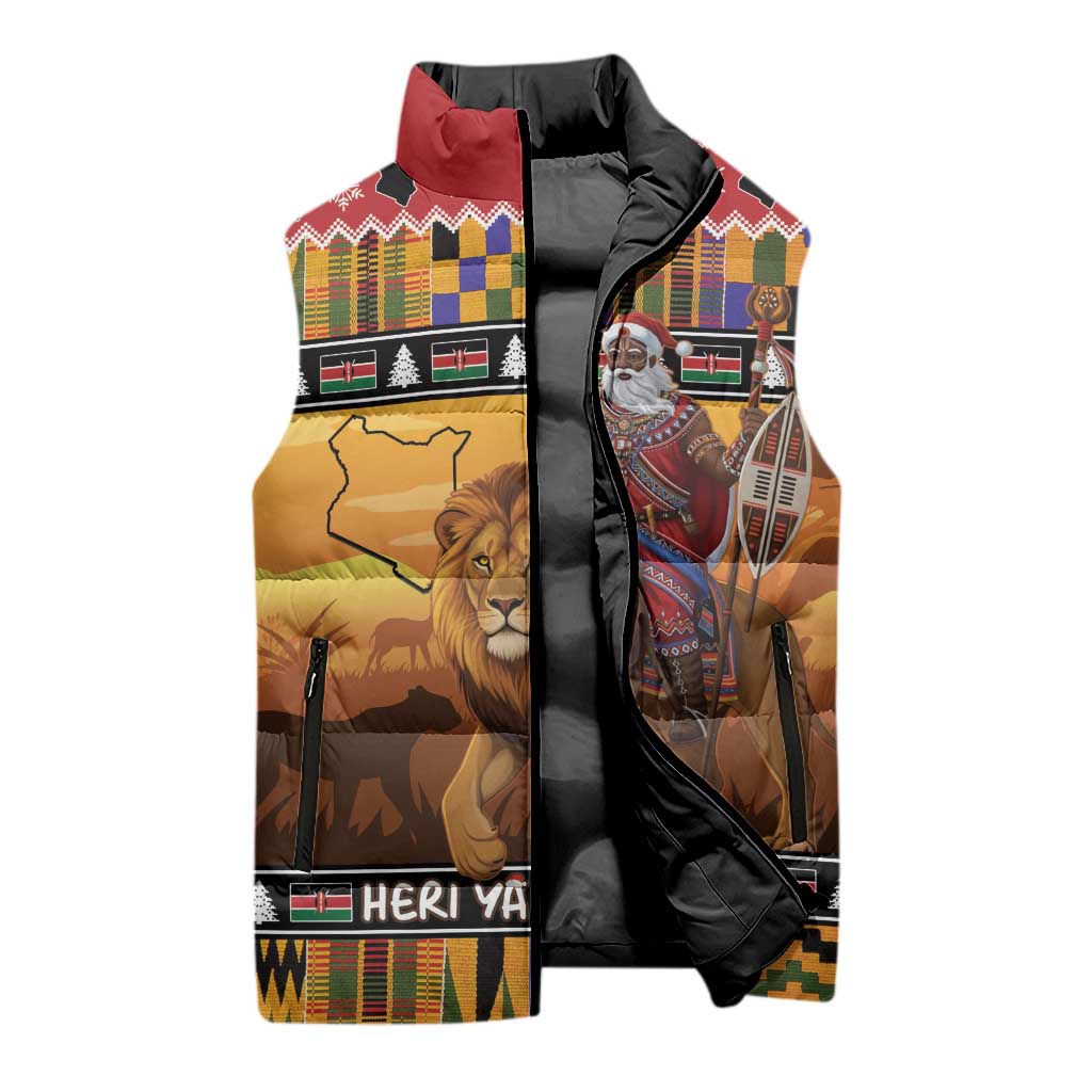 Kenya Safari Christmas Sleeveless Puffer Jacket Black Santa Riding Lion - Heri ya Krismasi - Wonder Print Shop