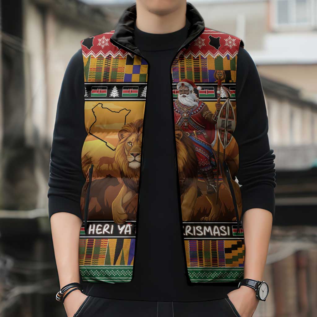 Kenya Safari Christmas Sleeveless Puffer Jacket Black Santa Riding Lion - Heri ya Krismasi - Wonder Print Shop