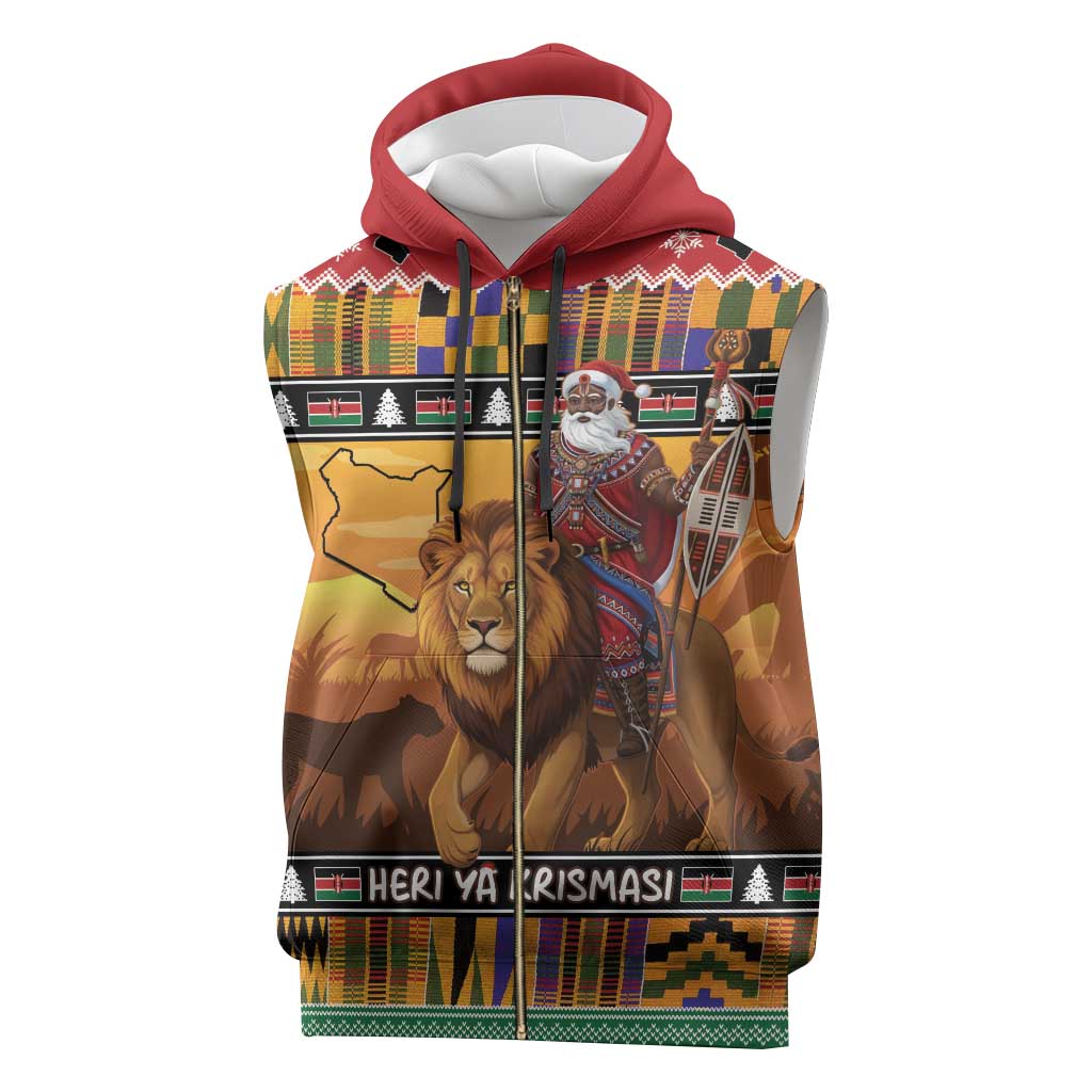 Kenya Safari Christmas Sleeveless Zip Hoodie Black Santa Riding Lion - Heri ya Krismasi - Wonder Print Shop
