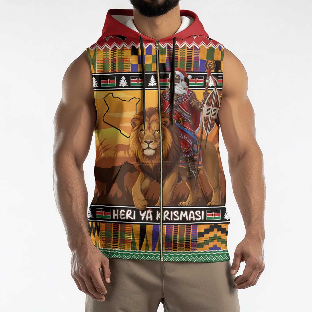 Kenya Safari Christmas Sleeveless Zip Hoodie Black Santa Riding Lion - Heri ya Krismasi - Wonder Print Shop