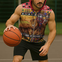 Kenya Safari Christmas Sleeveless Zip Hoodie Black Santa Riding Lion - Heri ya Krismasi - Wonder Print Shop