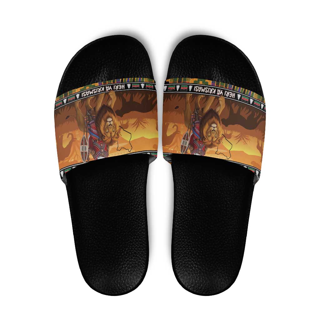 Kenya Safari Christmas Slide Sandals Black Santa Riding Lion - Heri ya Krismasi - Wonder Print Shop
