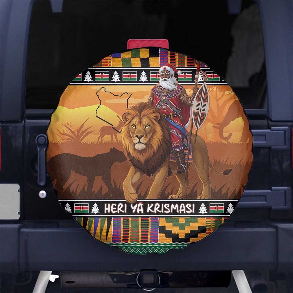 Kenya Safari Christmas Spare Tire Cover Black Santa Riding Lion - Heri ya Krismasi - Wonder Print Shop