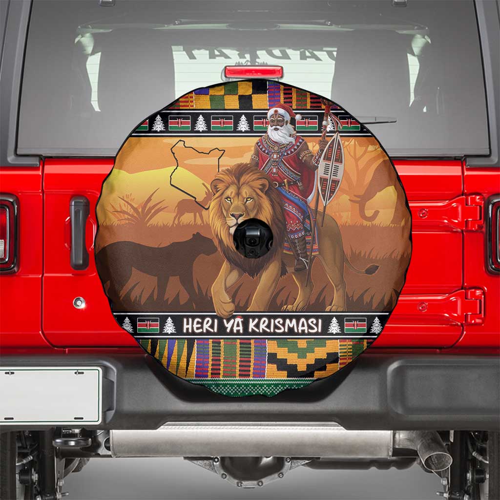 Kenya Safari Christmas Spare Tire Cover Black Santa Riding Lion - Heri ya Krismasi - Wonder Print Shop