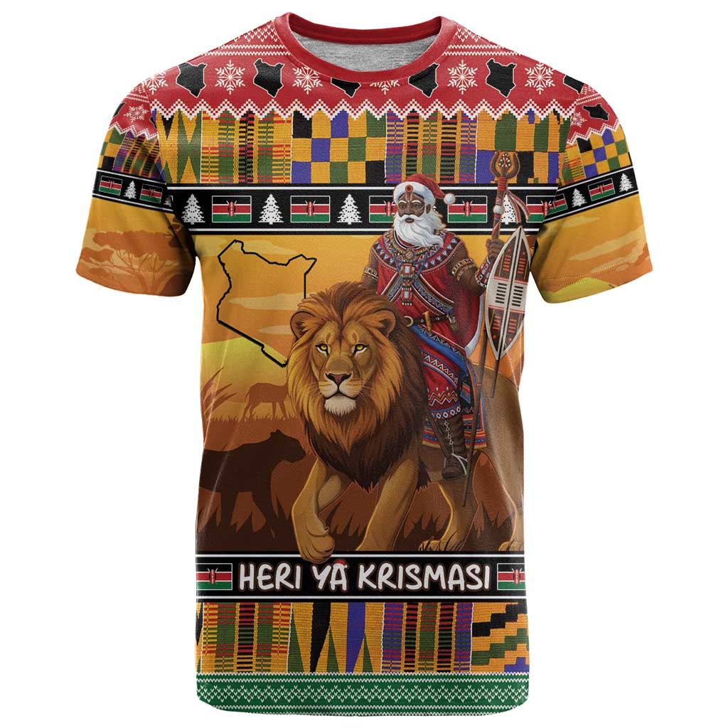 Kenya Safari Christmas T Shirt Black Santa Riding Lion - Heri ya Krismasi - Wonder Print Shop