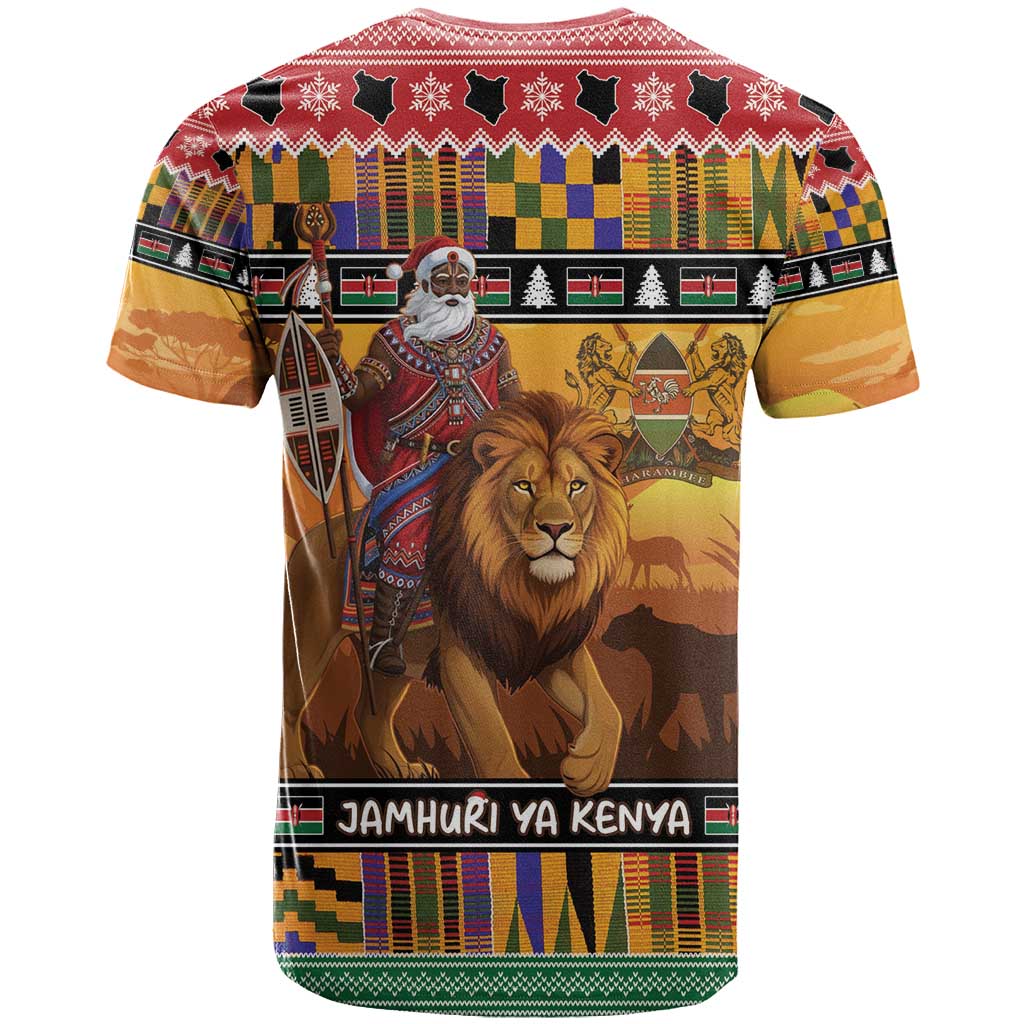 Kenya Safari Christmas T Shirt Black Santa Riding Lion - Heri ya Krismasi - Wonder Print Shop