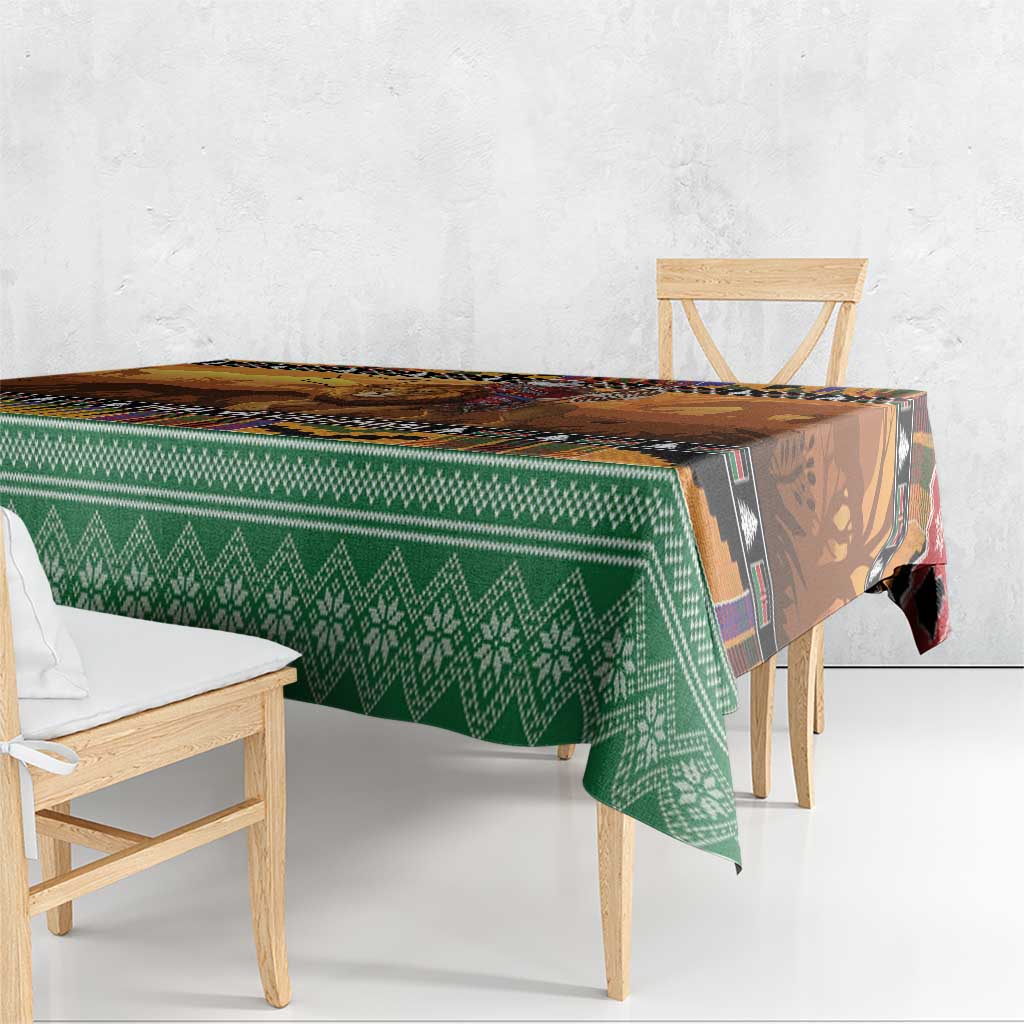 Kenya Safari Christmas Tablecloth Black Santa Riding Lion - Heri ya Krismasi - Wonder Print Shop