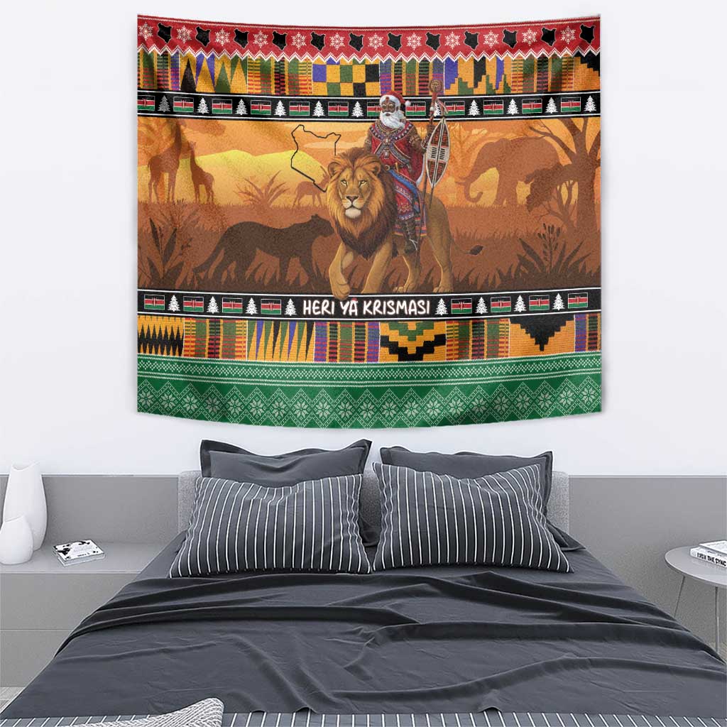 Kenya Safari Christmas Tapestry Black Santa Riding Lion - Heri ya Krismasi - Wonder Print Shop