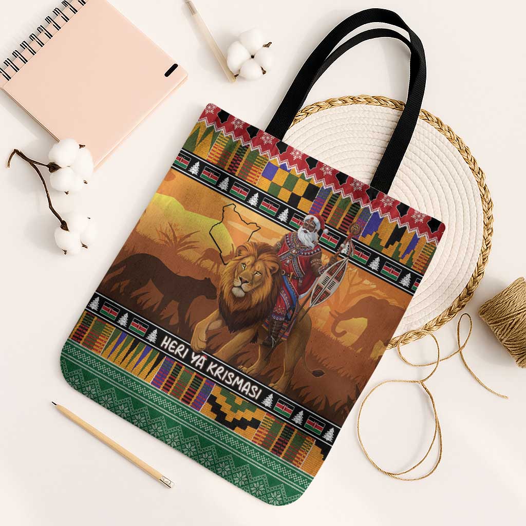 Kenya Safari Christmas Tote Bag Black Santa Riding Lion - Heri ya Krismasi - Wonder Print Shop