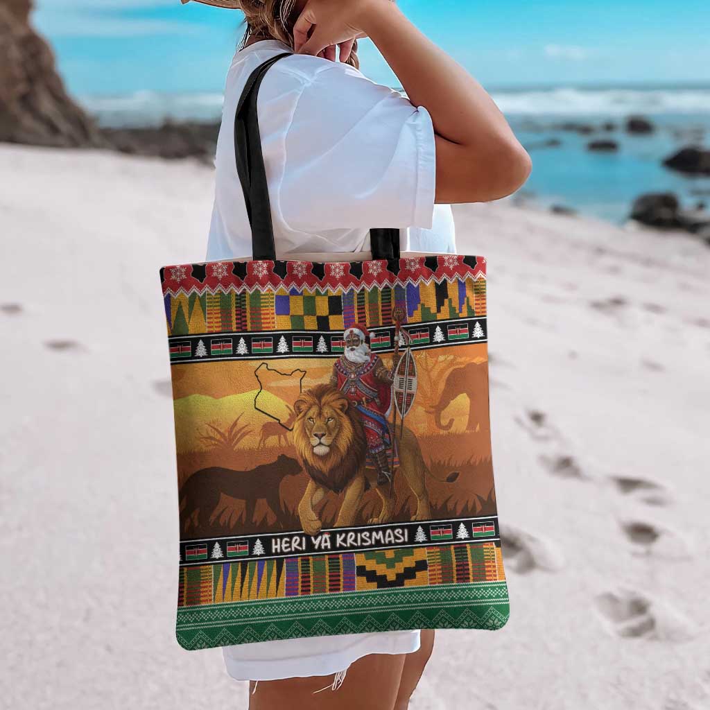 Kenya Safari Christmas Tote Bag Black Santa Riding Lion - Heri ya Krismasi - Wonder Print Shop