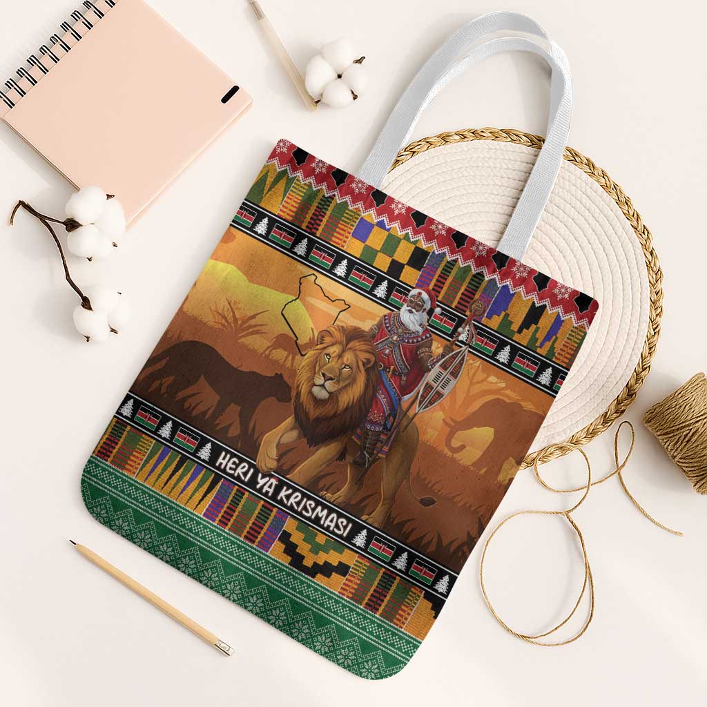 Kenya Safari Christmas Tote Bag Black Santa Riding Lion - Heri ya Krismasi - Wonder Print Shop
