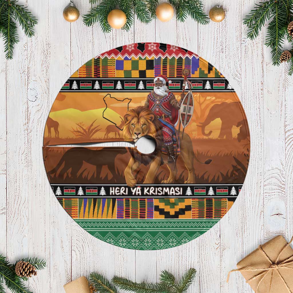 Kenya Safari Christmas Tree Skirt Black Santa Riding Lion - Heri ya Krismasi - Wonder Print Shop