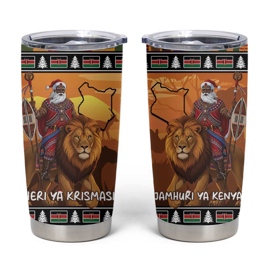 Kenya Safari Christmas Tumbler Cup Black Santa Riding Lion - Heri ya Krismasi - Wonder Print Shop
