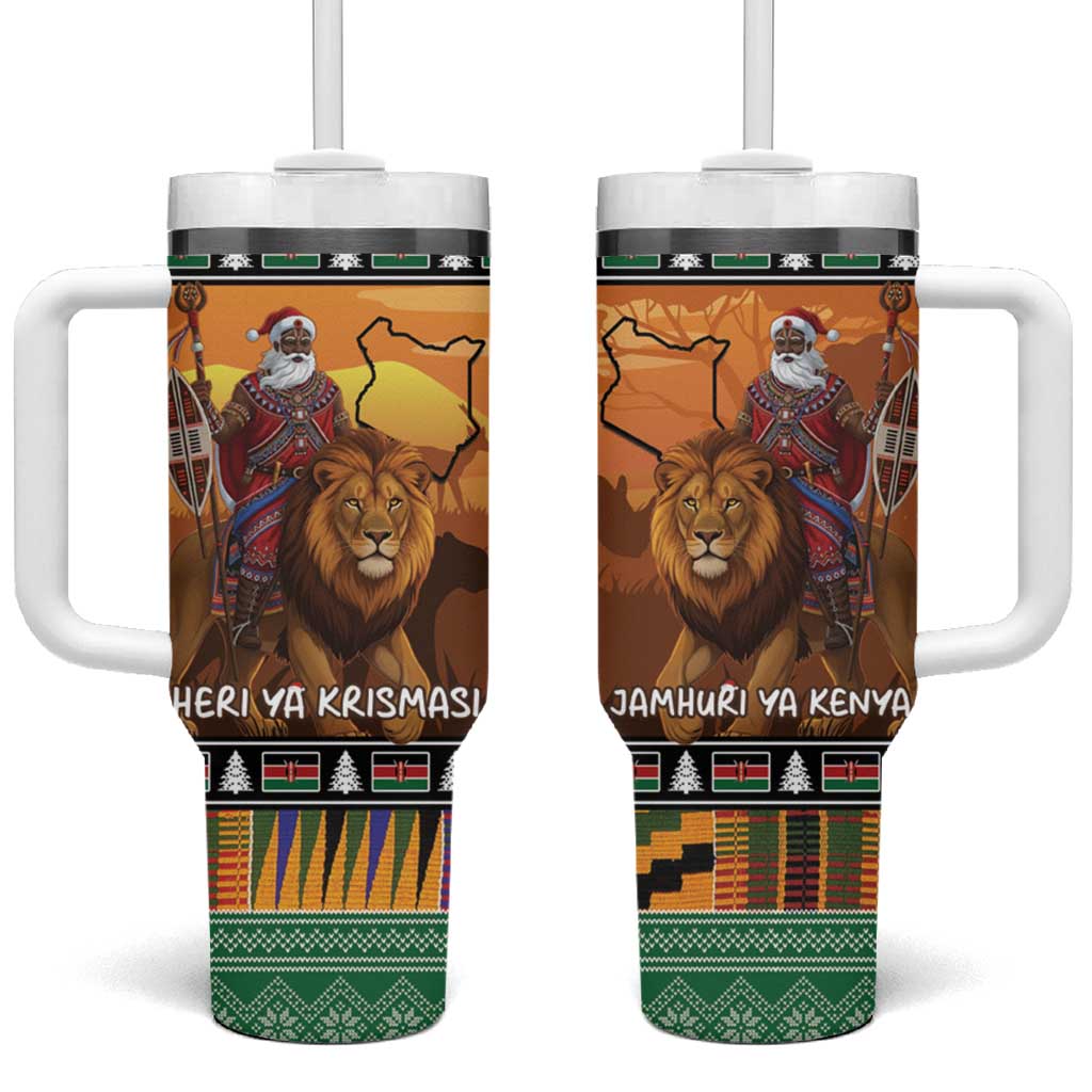 Kenya Safari Christmas Tumbler With Handle Black Santa Riding Lion - Heri ya Krismasi - Wonder Print Shop