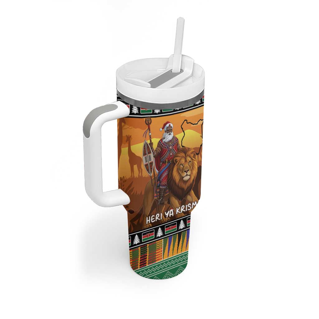 Kenya Safari Christmas Tumbler With Handle Black Santa Riding Lion - Heri ya Krismasi - Wonder Print Shop