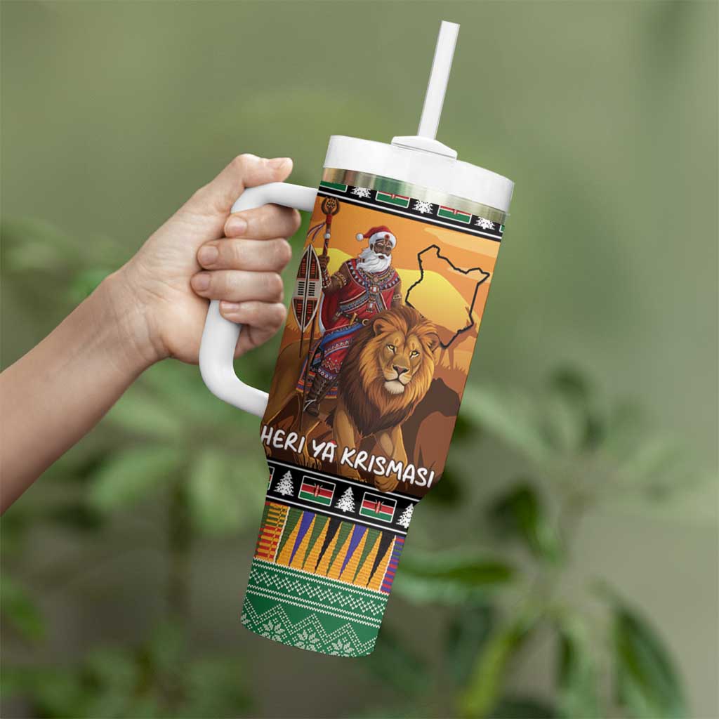 Kenya Safari Christmas Tumbler With Handle Black Santa Riding Lion - Heri ya Krismasi - Wonder Print Shop