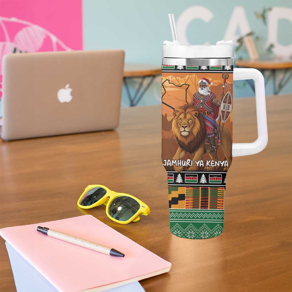 Kenya Safari Christmas Tumbler With Handle Black Santa Riding Lion - Heri ya Krismasi - Wonder Print Shop