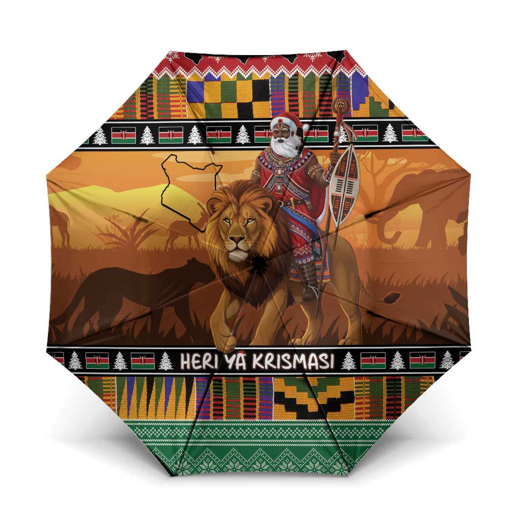 Kenya Safari Christmas Umbrella Black Santa Riding Lion - Heri ya Krismasi - Wonder Print Shop
