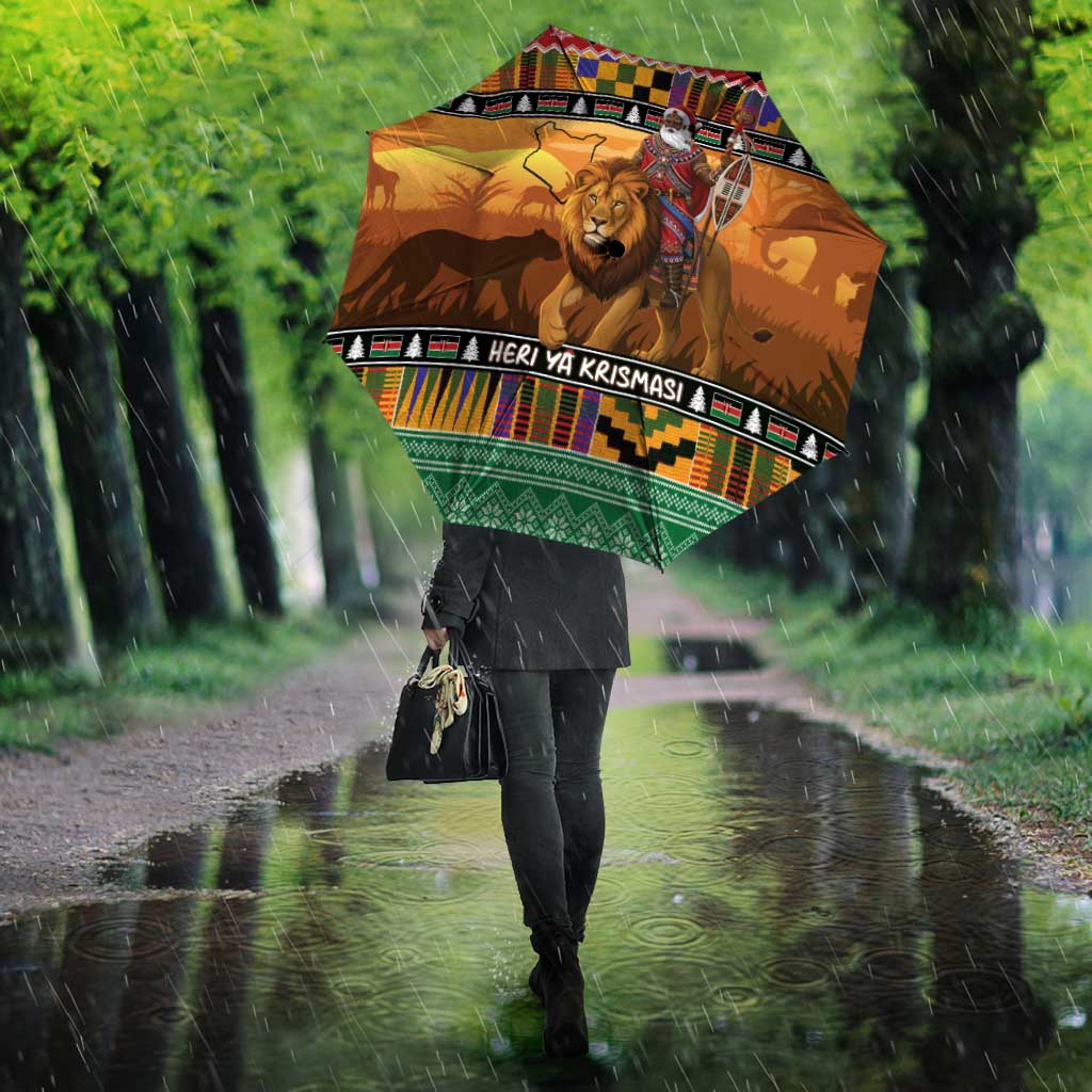 Kenya Safari Christmas Umbrella Black Santa Riding Lion - Heri ya Krismasi - Wonder Print Shop